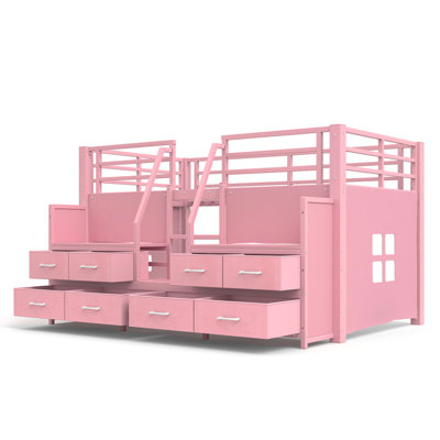Twin Low Loft Bed with Multi-Storage Spaces, Including Fabric Drawers, Fabric Shelves Beside the Bed, Storage Stairs, Metal Loft Bed with Lights and Ample Under-bed Spaces, Pink