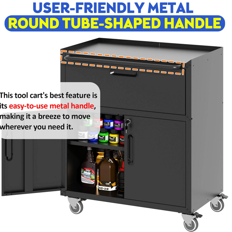 Metal Tool Cabinet With Wheels, Storage Cabinet With 1 Drawer And 2 Locking Doors, Rolling Tool Storage Cabinet