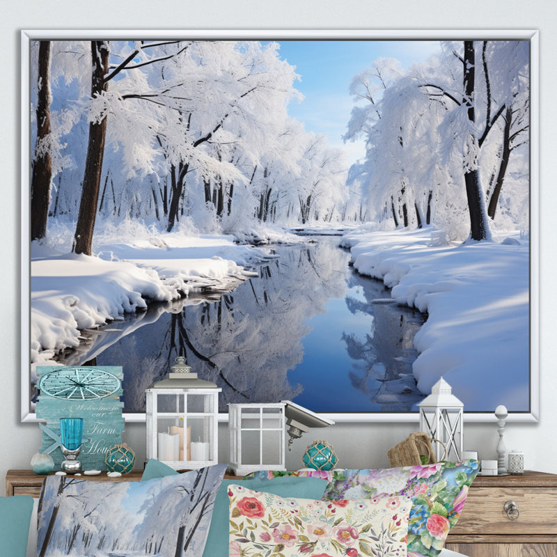 Winter Snowy Serenity V - Décoration murale paysages, H 30 po x l 40 po x P 1,5 po, Cadre flottant blanc