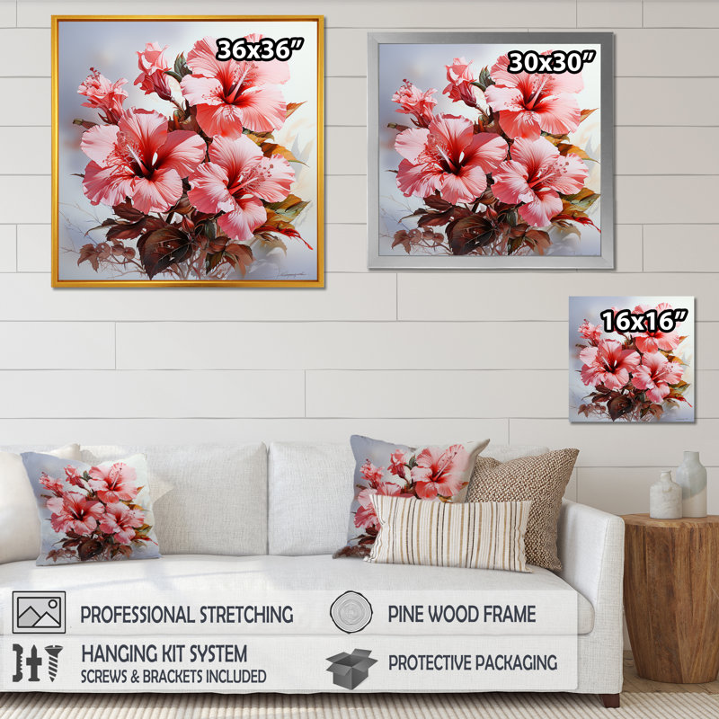 «Farmhouse Pink Hibiscus Charm» sur impression sur toile, Cadre naturel flottant, H 30 po x l 30 po x P 1 po