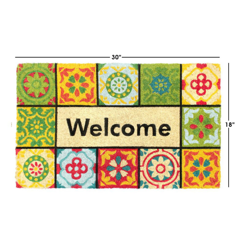Colorful Coir Outdoor Welcome Doormat with Folk Tile Design