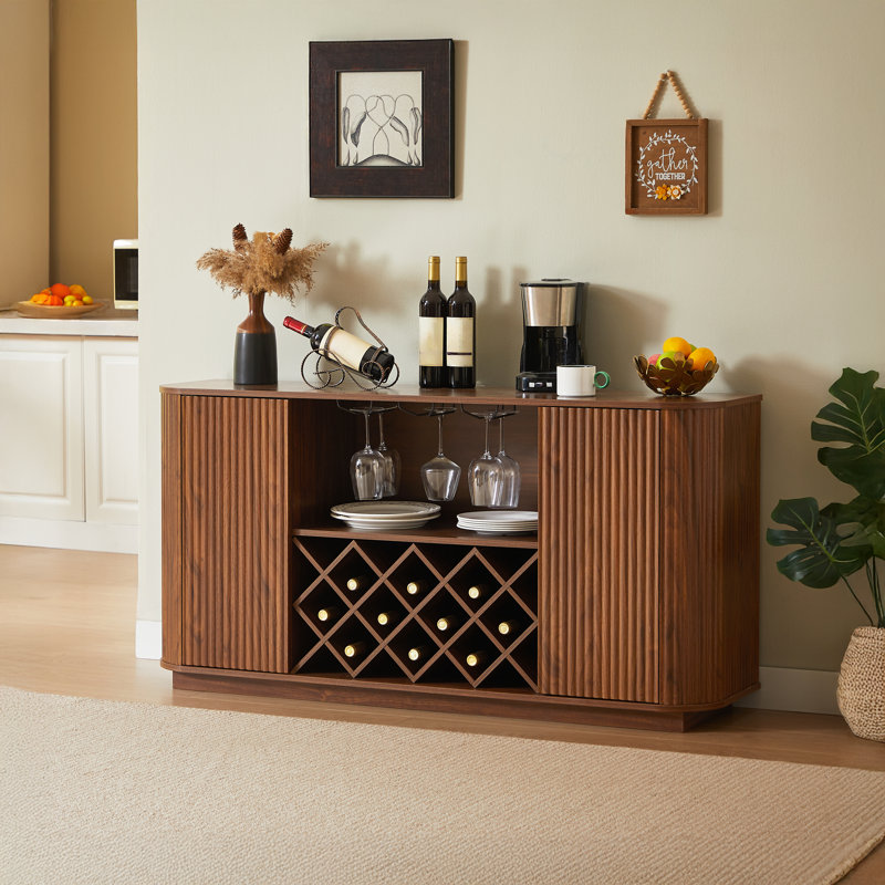 Mid-Century Wine Coffee Bar Cabinet, Adjustable Wine Rack  & Wine Glass Holder, Walnut