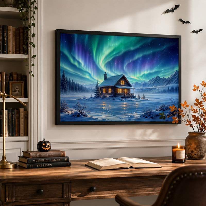 Cabane en bois rond illuminée sous une aurore boréale verte pour l'Halloween - Toile murale, 20"H x 30"W