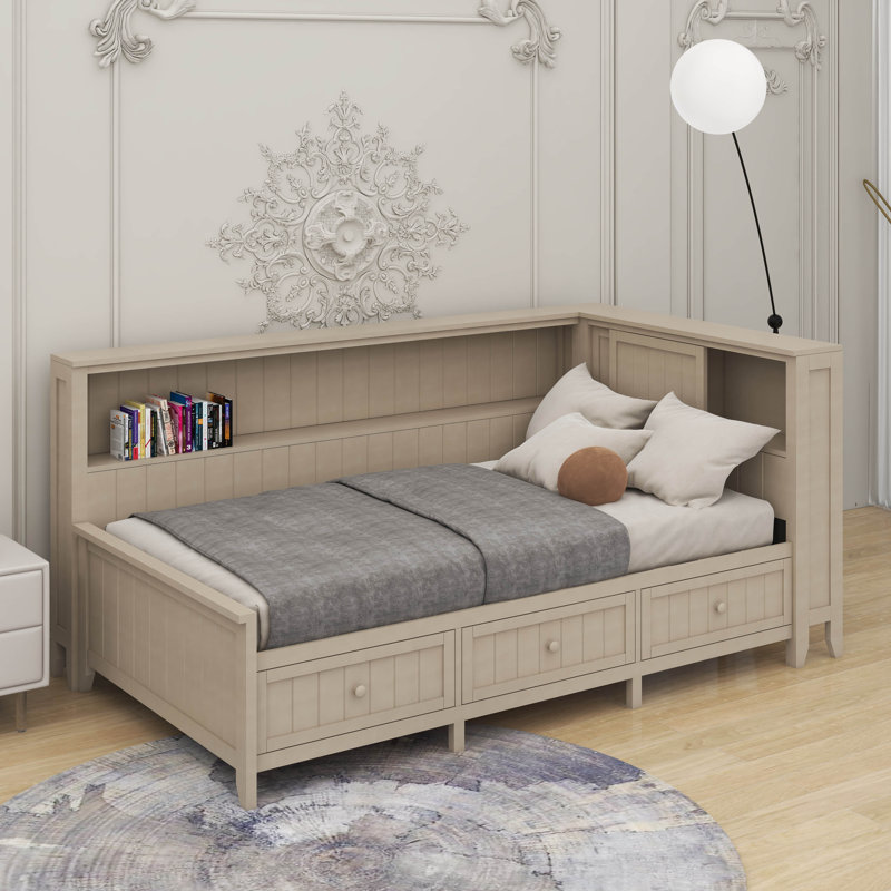 Lit de jour en bois avec tablettes et tiroirs de rangement, Lit simple