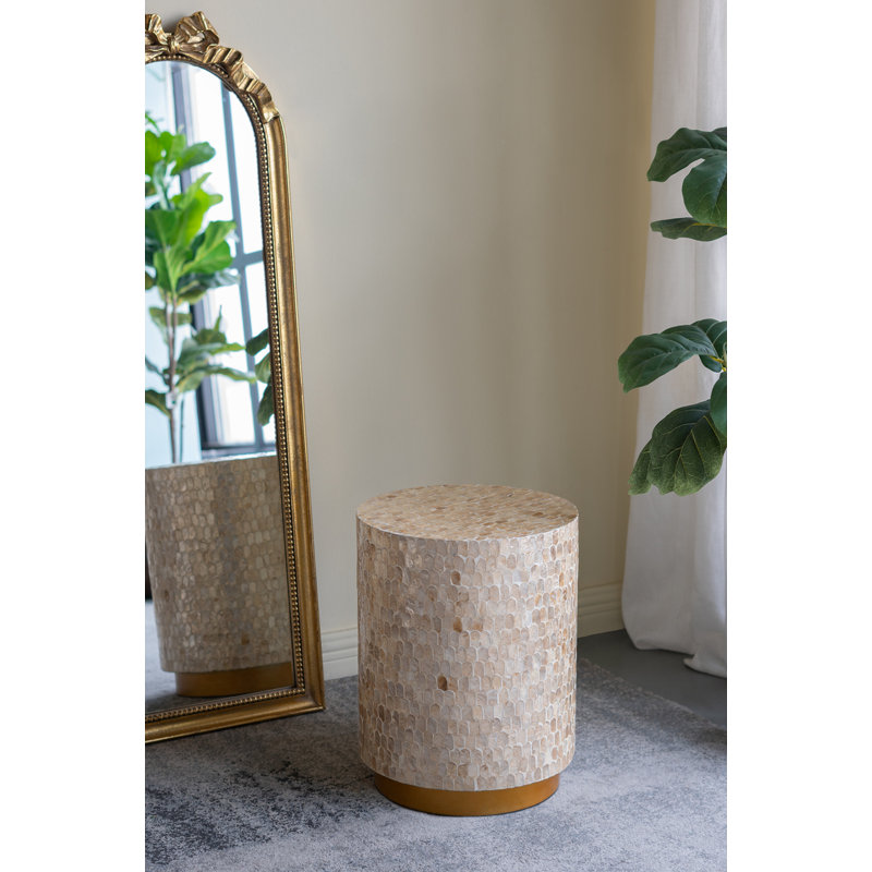 Cylindrical Accent Stool with Capiz Shell Inlay and Decorative Pedestal Base