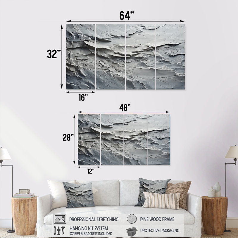 «Gray and White Stone River IV - Abstract», art mural sur toile 4 pièces, H 28 po x l 48 po