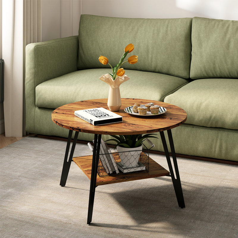 2 Tier Round Coffee Table With Square Shelf, Center Table With Solid Iron Legs For Living Room