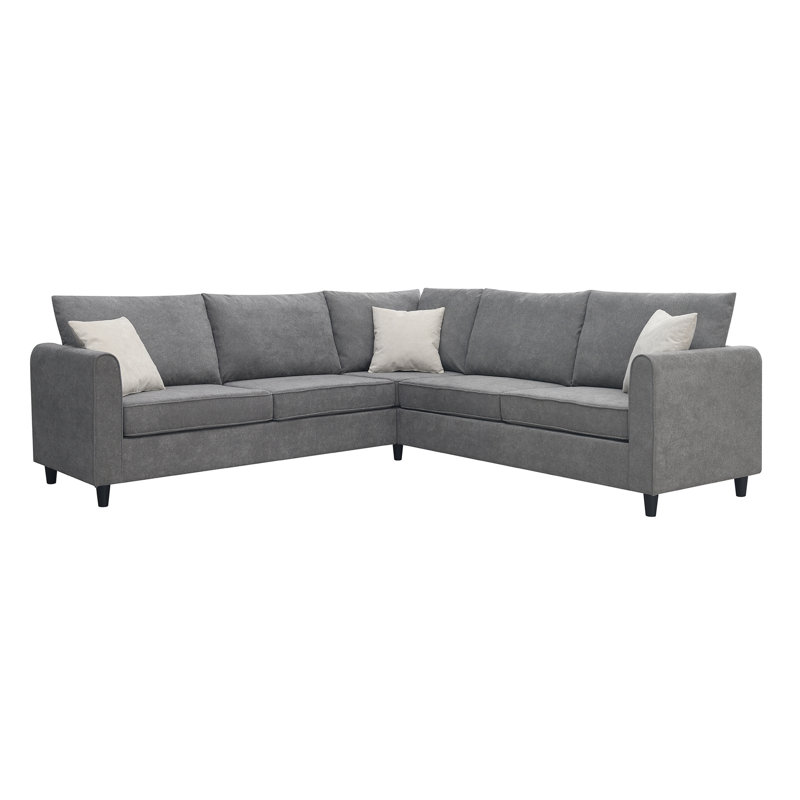 Salon en forme de L moderne, 91 x 91 po, revêtement gris, 3 coussins, rembourrage en mousse et à ressorts ensachés, confortable, tissu modulaire 100% avec rembourrage de siège confortable, assemblage facile
