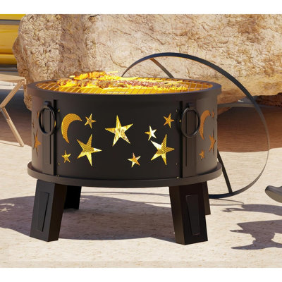 Outdoor Fire Pit with Grill and Mesh Spark Screen, Wood Burning Fire Bowl with Poker for Backyard, Garden, Patio and Camping