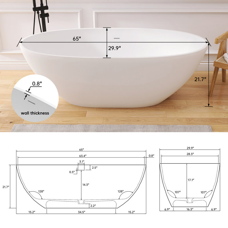 65''Solid Solid Surface Bathtub, Freestanding Soaking Bathtub, White/Green