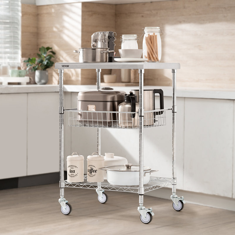 Silver 3-Tier Steel Utility Cart with Adjustable Shelves and Wheels