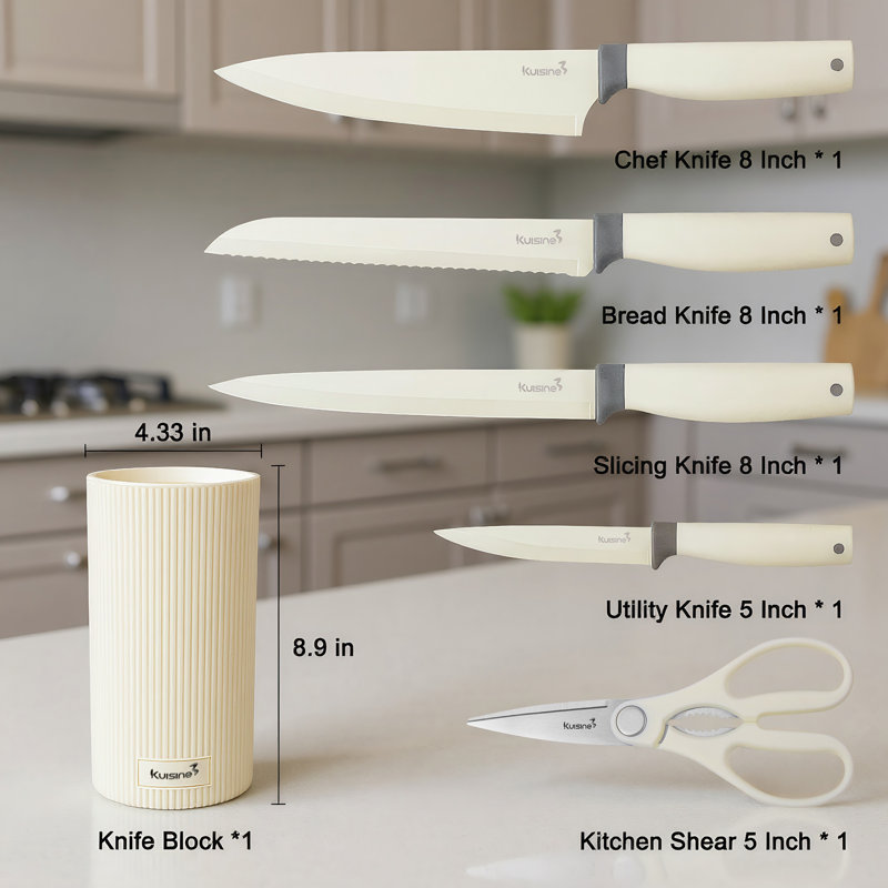 Ensemble de couteaux de cuisine en acier inoxydable à haute teneur en carbone 6 pièces, ensemble de couteaux de cuisine ergonomique en PP en polypropylène, conception compacte, cadeau élégant