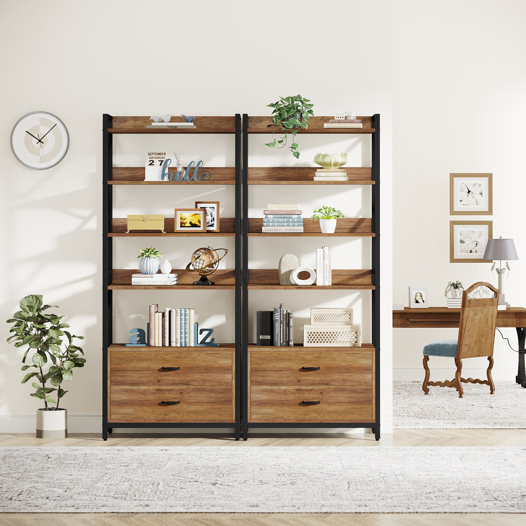 Vasilija 4-Tier Open Bookshelf Bookcase with Drawers for Study Living Room (Set of 2) 17 Stories