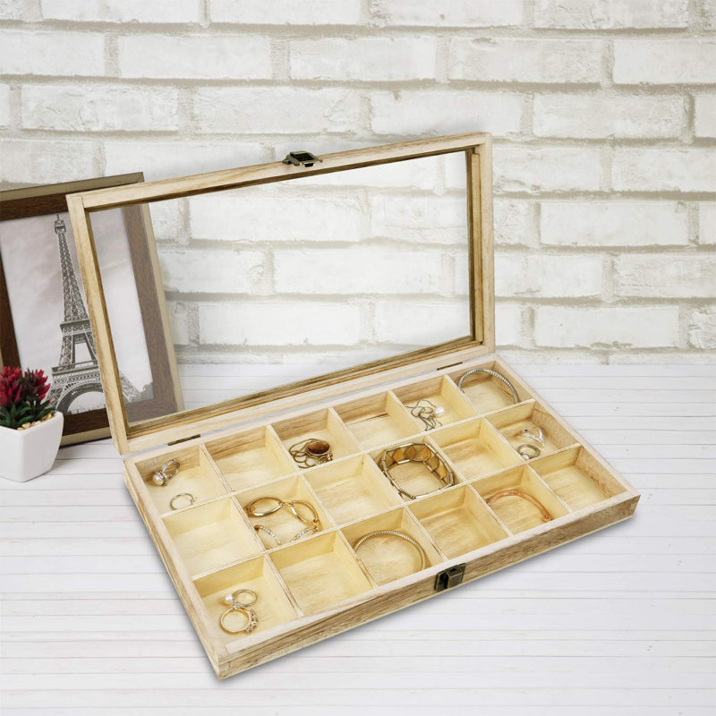 Wooden Jewellery Display Case With Tempered Glass Lid & 18 Compartments Tray, Rock Collection Box, Crystal Display Case, Oak Colour