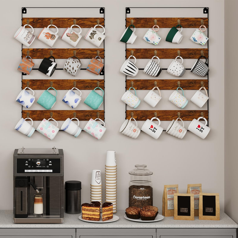 Porte-tasses pour mur, porte-tasses à café fixé au mur pour contenir 24 tasses, porte-tasses à café (paquet de 3), bar à café, bois rustique et fer