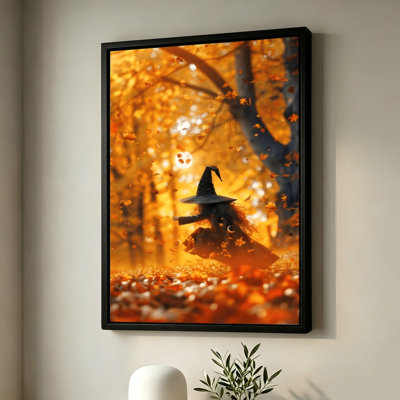 Sorcière d'Halloween dans une forêt d'automne aux feuilles dorées, tableau sur toile encadré, cadre marron, 50 x 75 cm