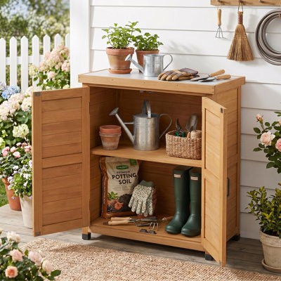 Table de rangement pour l'extérieur avec banc en métal (brun clair, 36 x 31 x 17 po)