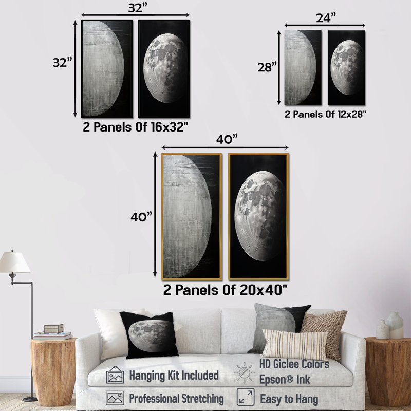 Black Silver Moon Solitude - Moon Wall Decor Set Of 2, 28" H x 25" W, Wrapped Canvas
