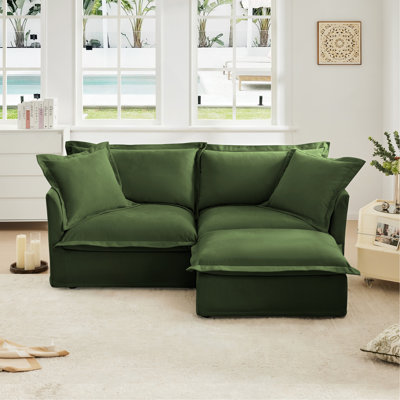 Sectional 2 Seater Sofa Couch with Convertible Ottoman,Wide and Deep Seat L Shaped Sofa with Detachable Cover and Soft Multiple Big Pillows,Chenille Fabric,Green
