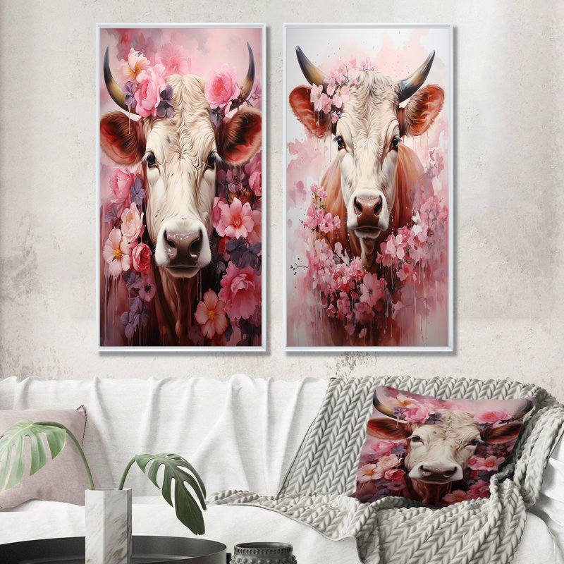 Romantisme, vache rose, ensemble de 2 reproductions d'art sur toile, Cadre blanc, H 32 po x l 33 po