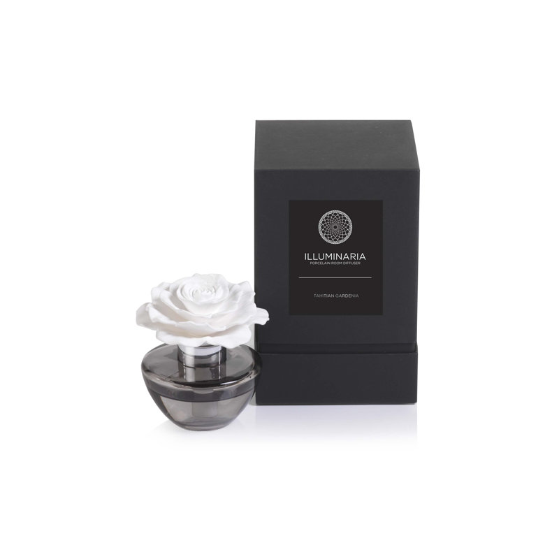 Tahitian Gardenia Porcelain Flower Diffuser with Gray Glass Bottle