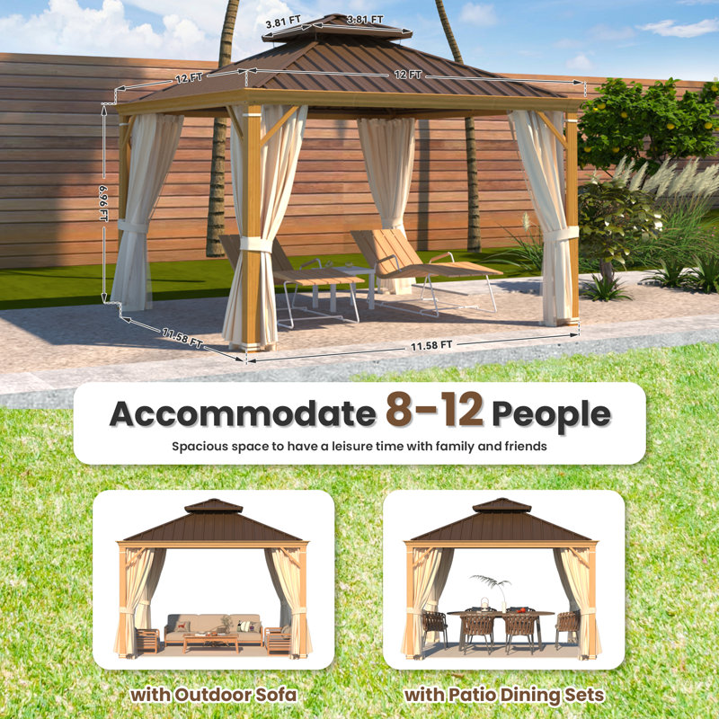 Heavy-Duty Aluminum Gazebo with Galvanized Steel Double Roof, Hardtop Outdoor Canopy with Curtain & Mosquito Netting for Patio Deck & Hot Tub
