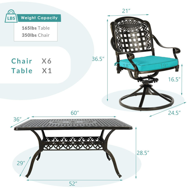6 - Person Patio Dining Set with Rectangular Table , Cushions Included, Ocean Blue