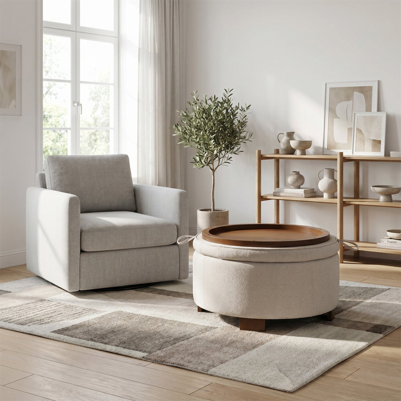Tabouret de rangement rond, servant de table basse, avec couvercle double-face, revêtu de tissu bouclé doux, repose-pieds à double usage, style Mid-Century moderne, beige