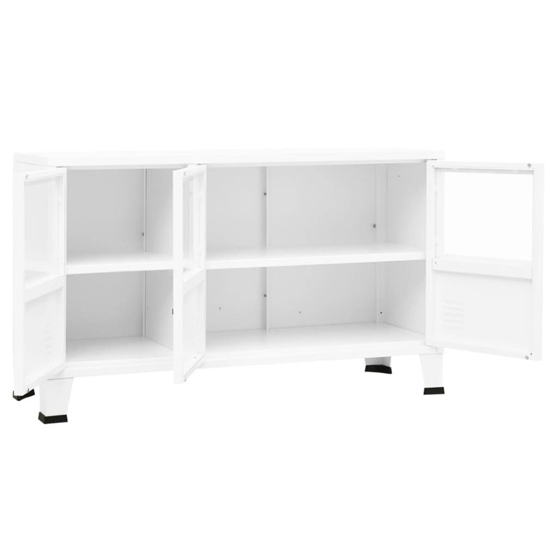White Industrial Metal and Glass Accent Cabinet with Air Vents
