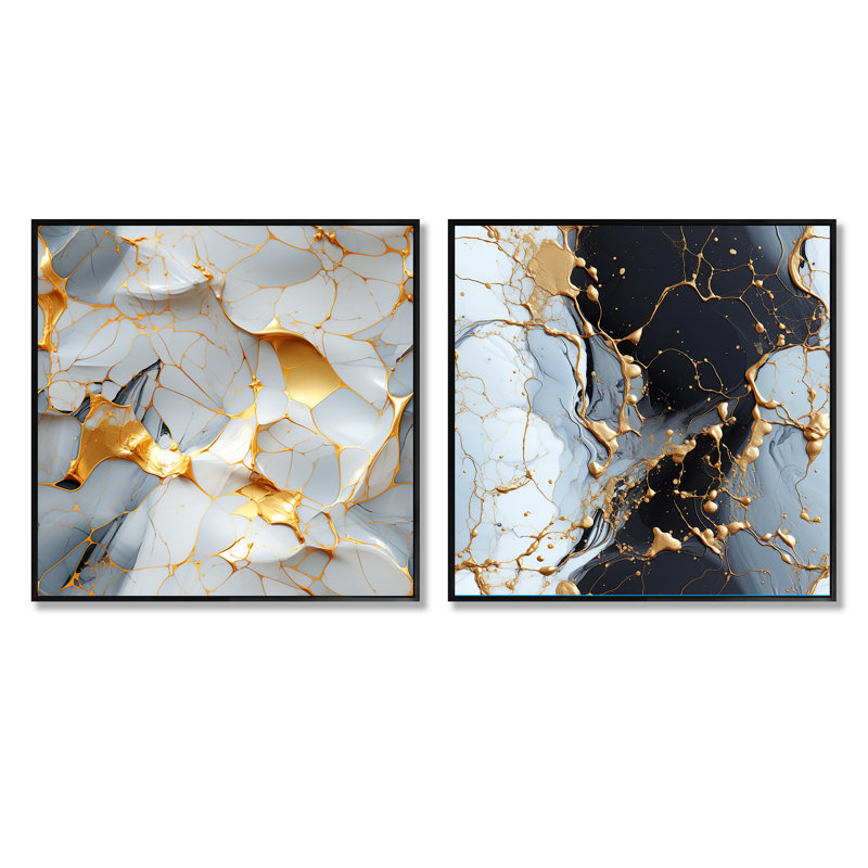 Leiston - Ensemble de 2 collages abstraits carrés, Cadre flottant noir, H 30 po x l 61 po