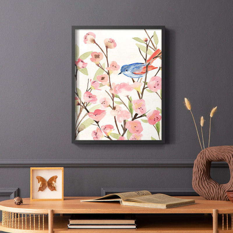 «Cherry Blossom Perch II», reproduction encadrée - bois massif, Noir, H 20 po x l 16 po