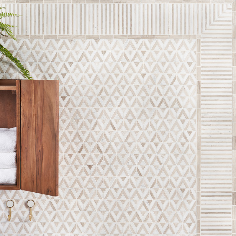 Monroe 8x8 Triangle Polished Marble Mosaic Tile, Beige/White