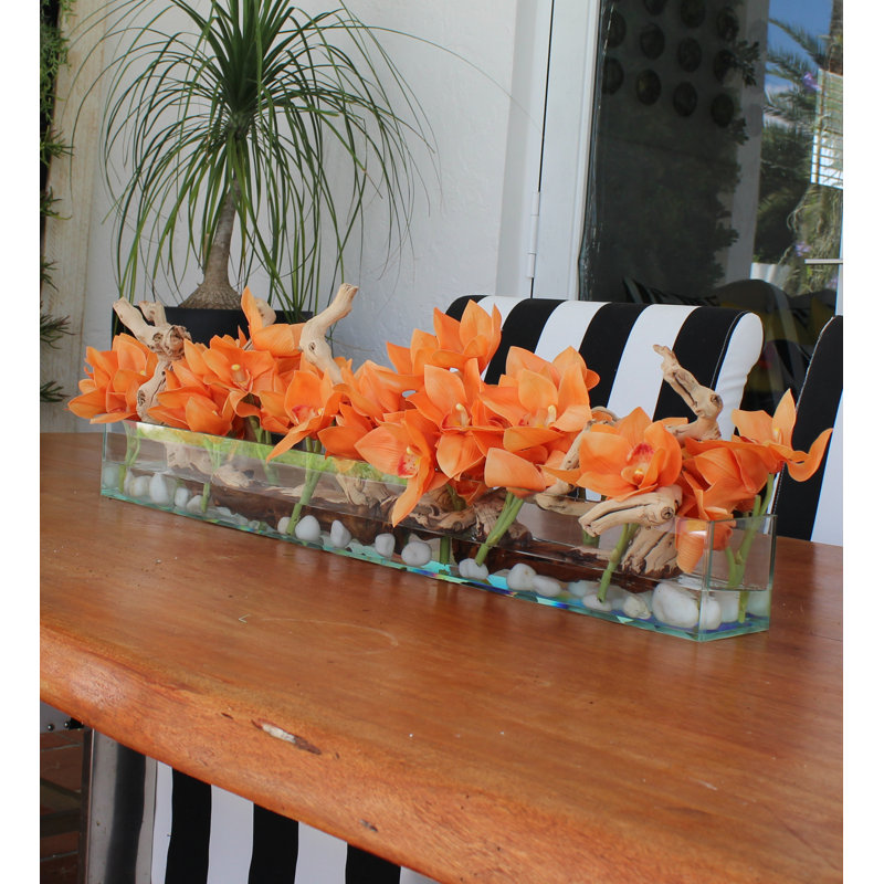 Driftwood Cymbidium Orchids Centerpiece in Glass Planter, 8" H x 24" W x 6" D, Orange