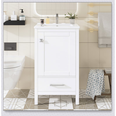 Meuble-lavabo moderne de 20 pouces avec lavabo en céramique, tiroir et porte à fermeture en douceur, organisateur de porte double couche, tiroir de séparation, patins réglables - conception de rangement peu encombrante