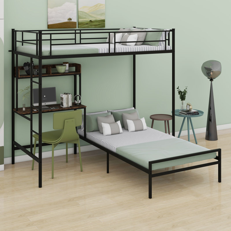Multi-Functional L-Shaped Metal Bunk Bed With Desk, Charging Station And Ladder