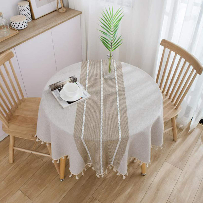 Beige and Off-White Round Cotton Linen Tablecloth with Tassels