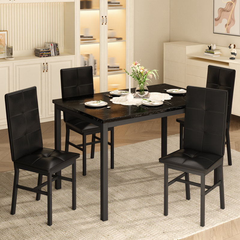 Dining Table Set For 4, Rectangle Dining Room Table Set With Four Chairs And Faux Marble Top, Dining Table Set With Backrest For Dining Or Living Room
