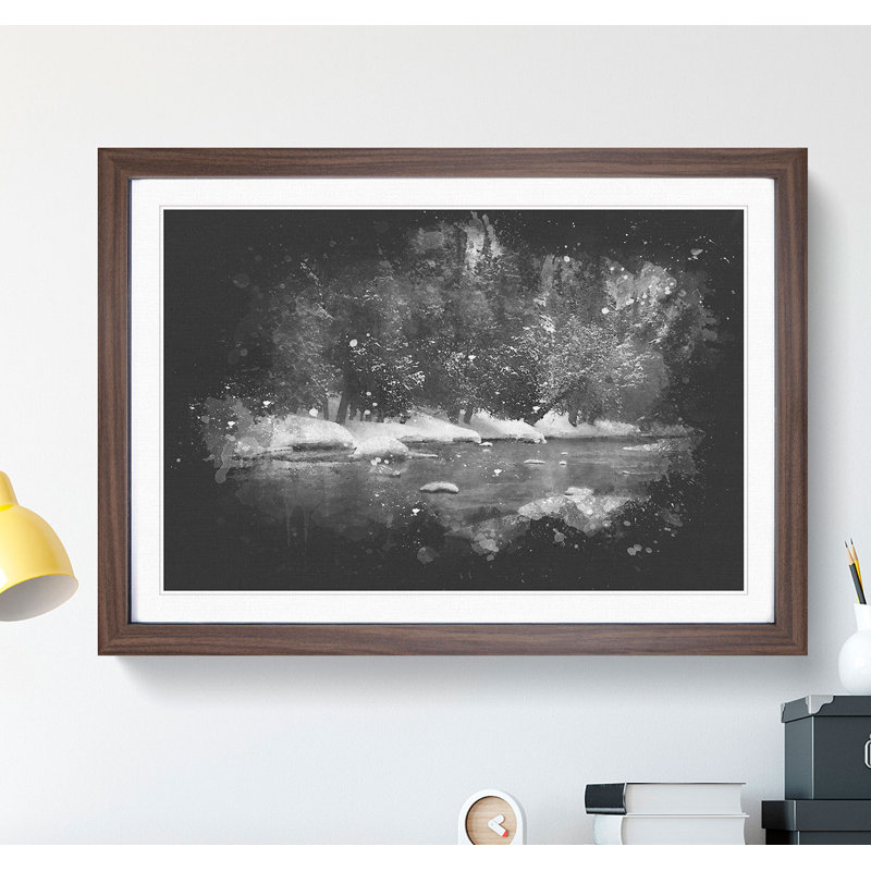 Winter Forest and Lake Paint Splash - Picture Frame Graphic Art, 27cm H x 36cm W x 2cm D, Walnut