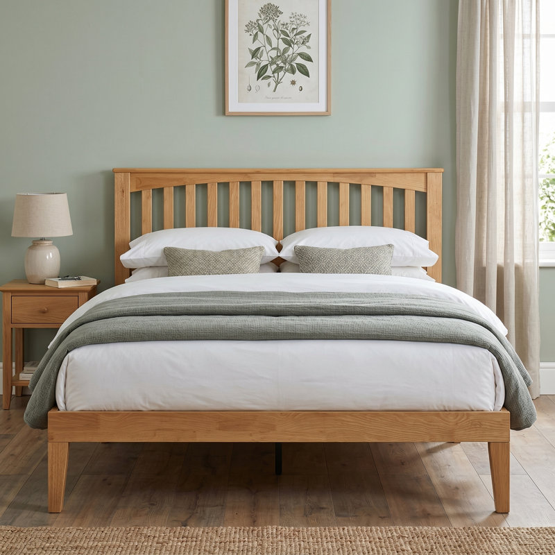 Moriel Queen Size Transitional Modern Solid Wood Platform Bed Frame, MOB-41-Q, with Shaker Headboard, Honey Oak, No Box Spring Needed