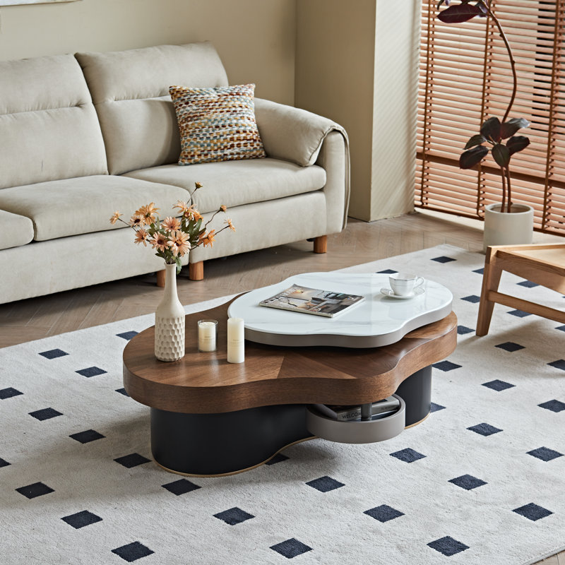 Modern Expandable Coffee Table with Marble  & Walnut Top, 2 Rotating Hidden Storage Trays for Living Room Home