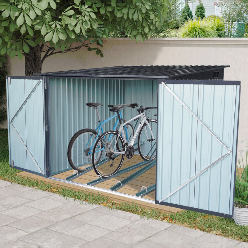 Remise de rangement extérieure en acier pour vélo avec toit incliné et 4 voies à vélo