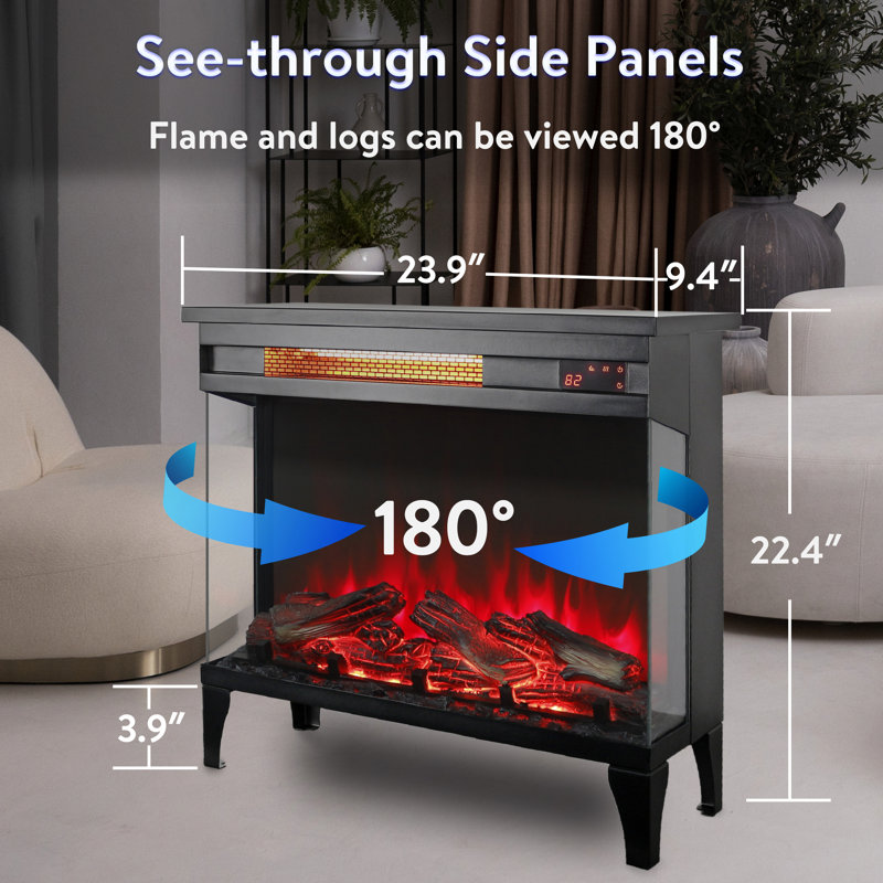 24" Electric Fireplace With Three Sided Glass - 5000 Per Hour Heat, 11 Temp Options, 4 Flame Colours, 5 Brightness Levels, Infrared Quartz Heating, Freestanding, Simple Install, Remote Included 24