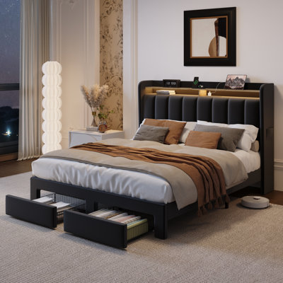 Upholstered Platform Bed Frame With Wingback Design Headboard,Charging Station,LED Lights And 2 Storage Drawers