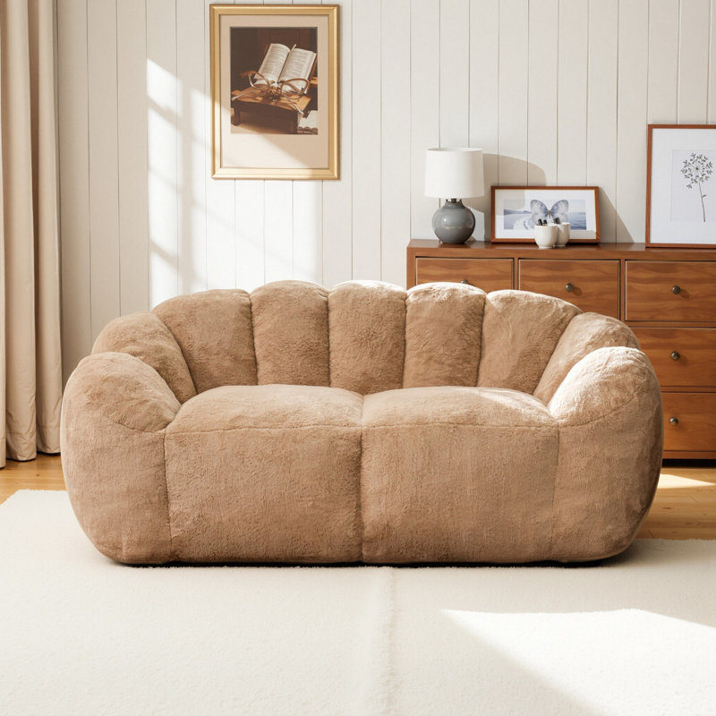 Velvet Fabric Loveseat Bean Bag Chair Foam Filled, Khaki Velvet