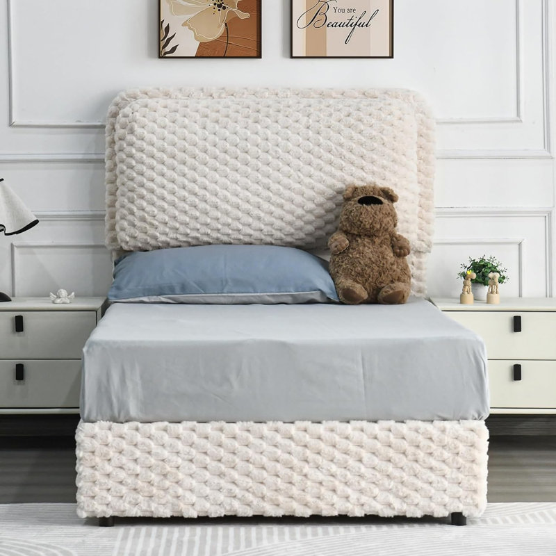 Cloud Bed Frame, Soft Bed Frame with 2 Pillow Headboard, Faux Fur Plush Upholstered Platform Bed Frame, Twin, Cream