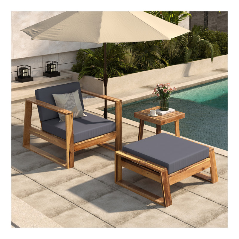 U_STYLE Acacia Wood Outdoor Lounge Set - Chair & Ottoman, Perfect For Patios, Balconies, And Gardens, Gray