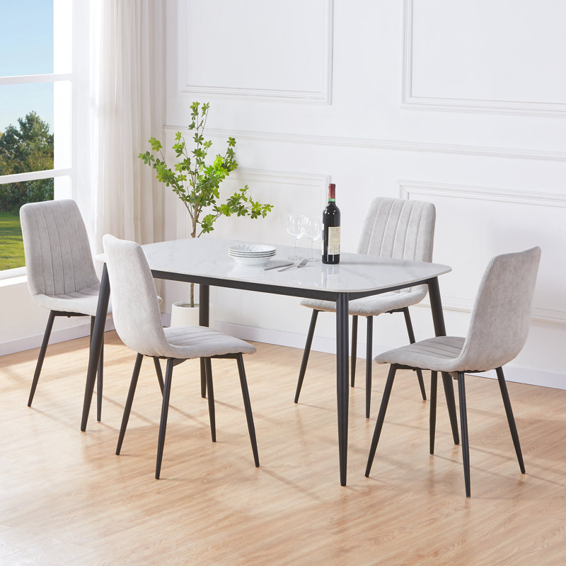  Aspen Sintered Stone Square Table with 2 Straight Stitch Upholstered Fabric Chairs - Modern Dining Set, Blue