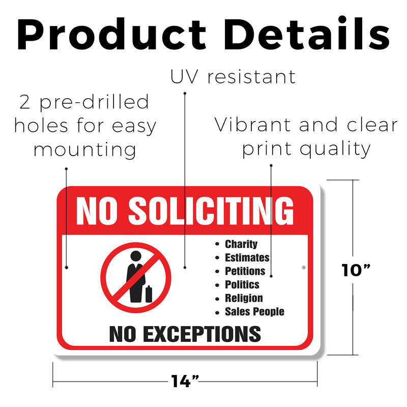 No Soliciting No Exceptions 10 Inch x 14 Inch Plastic Sign, 10" H x 14" W x 0.1" D