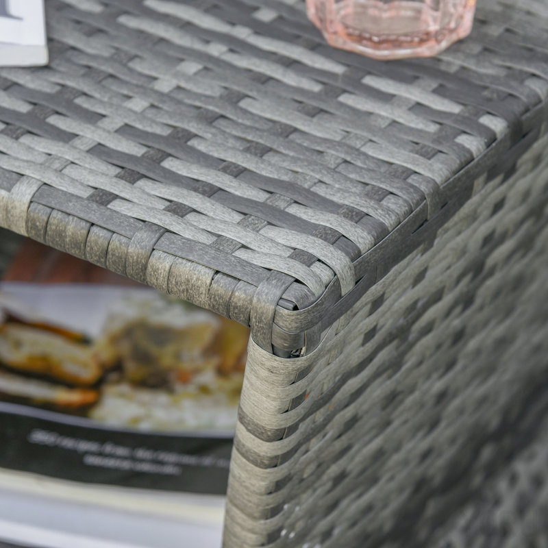 Table d'appoint en osier de rotin avec trou pour parasol, tablette de rangement à 2 niveaux pour l'extérieur, le patio, le jardin, l'arrière-cour, gris mélangé