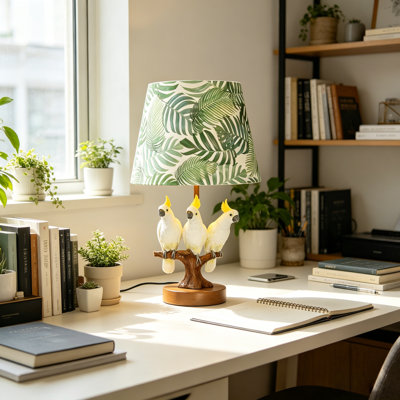 16" Parrot Table Lamp, Resin Bird Figurine Base With Tropical Leaf Shade, Retro Garden Style Bedside Desk Lamp